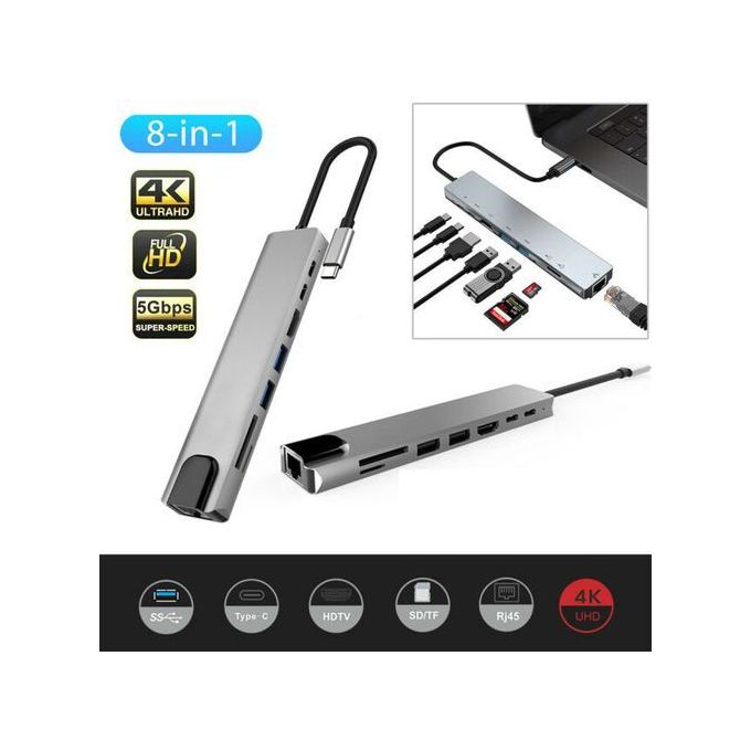 Adaptateur multiport USB C 8 en 1 avec port HDMI 4K et port USB 3.0