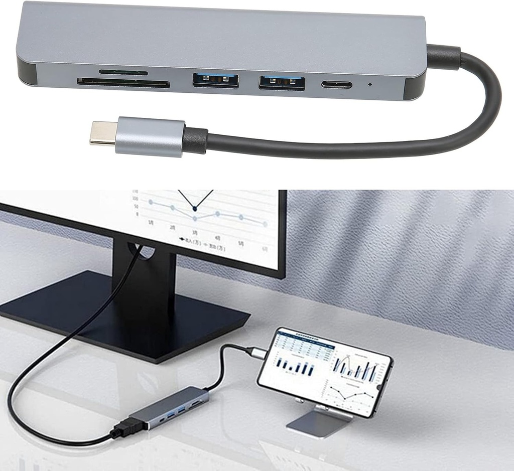 Adaptateur multiport USB C 6 en 1 avec port HDMI 4K et port USB 3.0