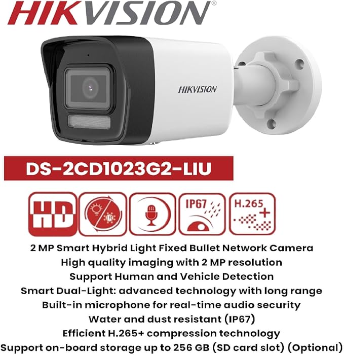 HIKVISION 2 MP Smart Hybrid Light Outdoor Bullet Network IP CCTV Camera Built-in Mic. with Day/Night Color Vision, Motion Detection [DS-2CD1023G2-LIU] + USEWELL RJ45, White