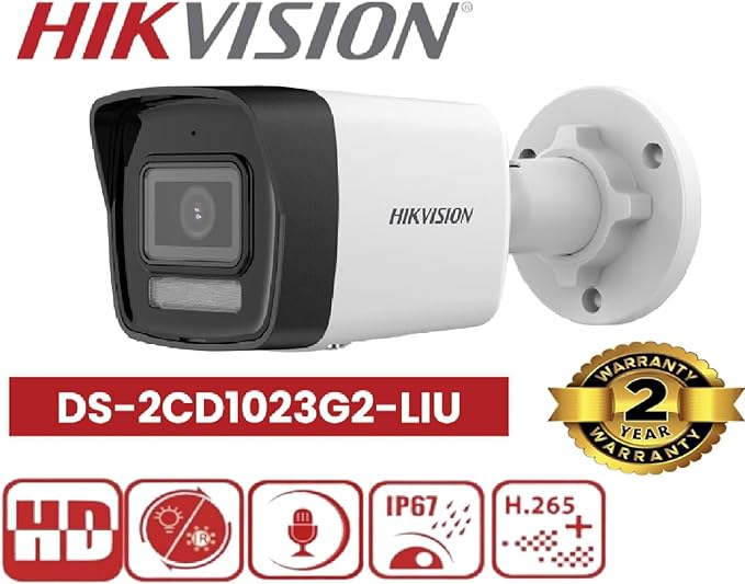 HIKVISION 2 MP Smart Hybrid Light Outdoor Bullet Network IP CCTV Camera Built-in Mic. with Day/Night Color Vision, Motion Detection [DS-2CD1023G2-LIU] + USEWELL RJ45, White