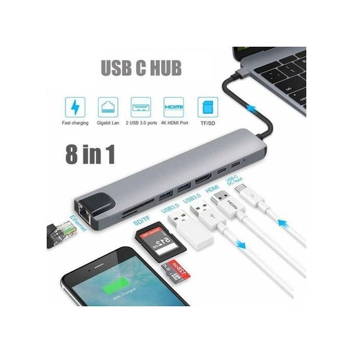 Adaptateur multiport USB C 8 en 1 avec port HDMI 4K et port USB 3.0